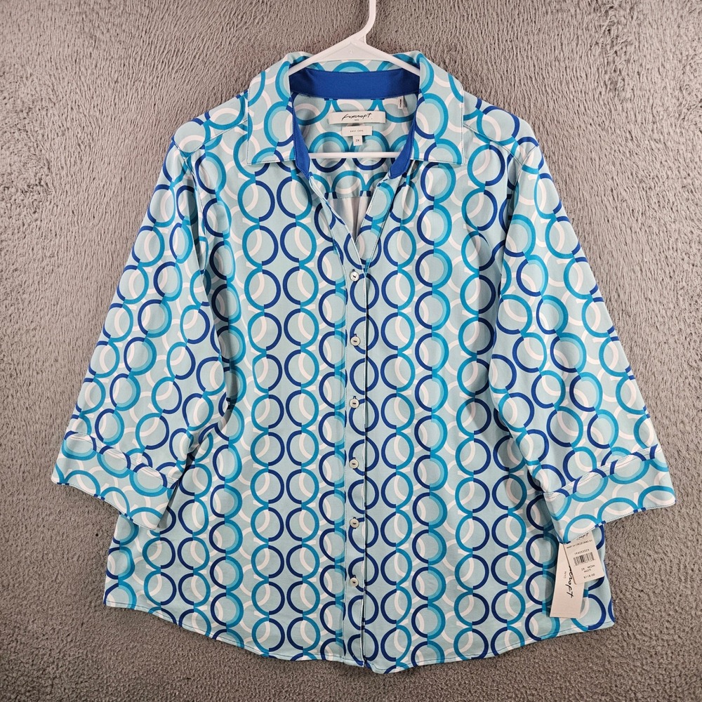 Foxcroft NYC Mary Circle Links‎ Jersey Shirt Blue White 2X 3/4 Sleeve NEW NWT